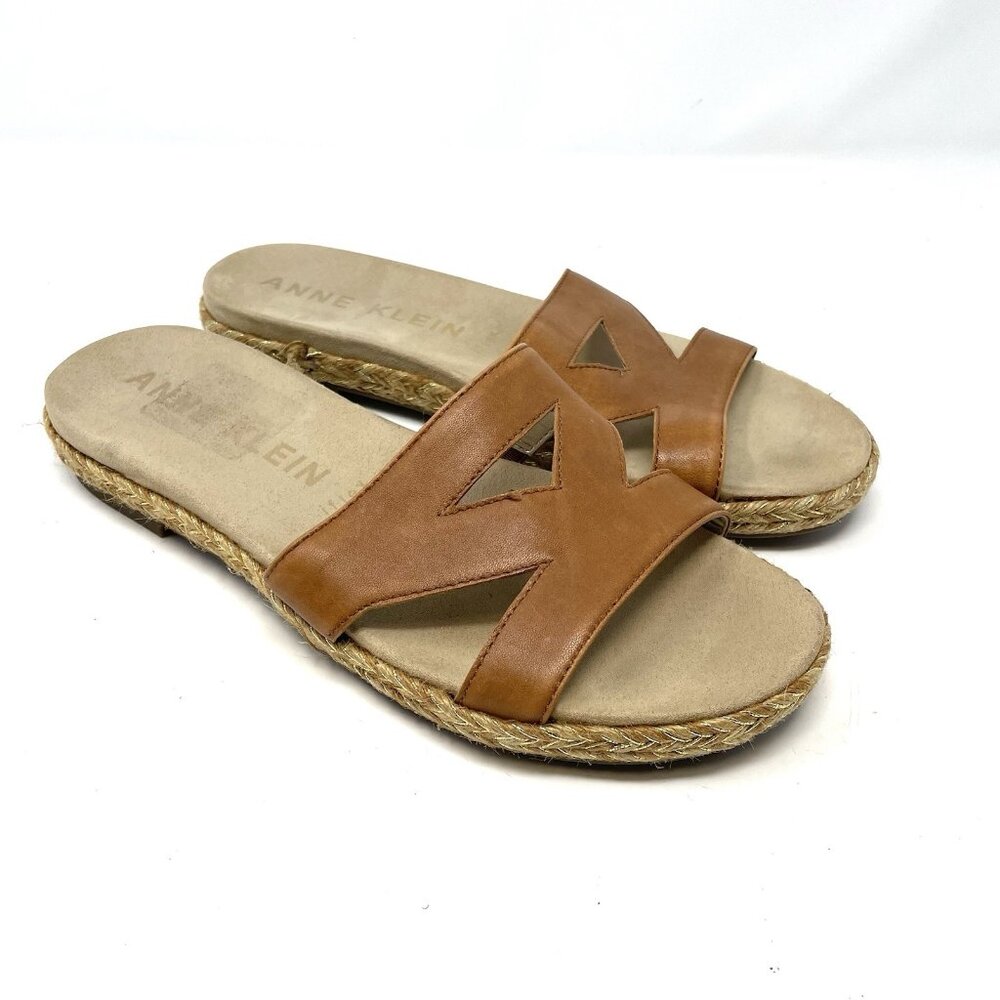 Anne Klein Akdalina Tan Brown Espadrille Slides Sandals Leather‎ 8 Women’s